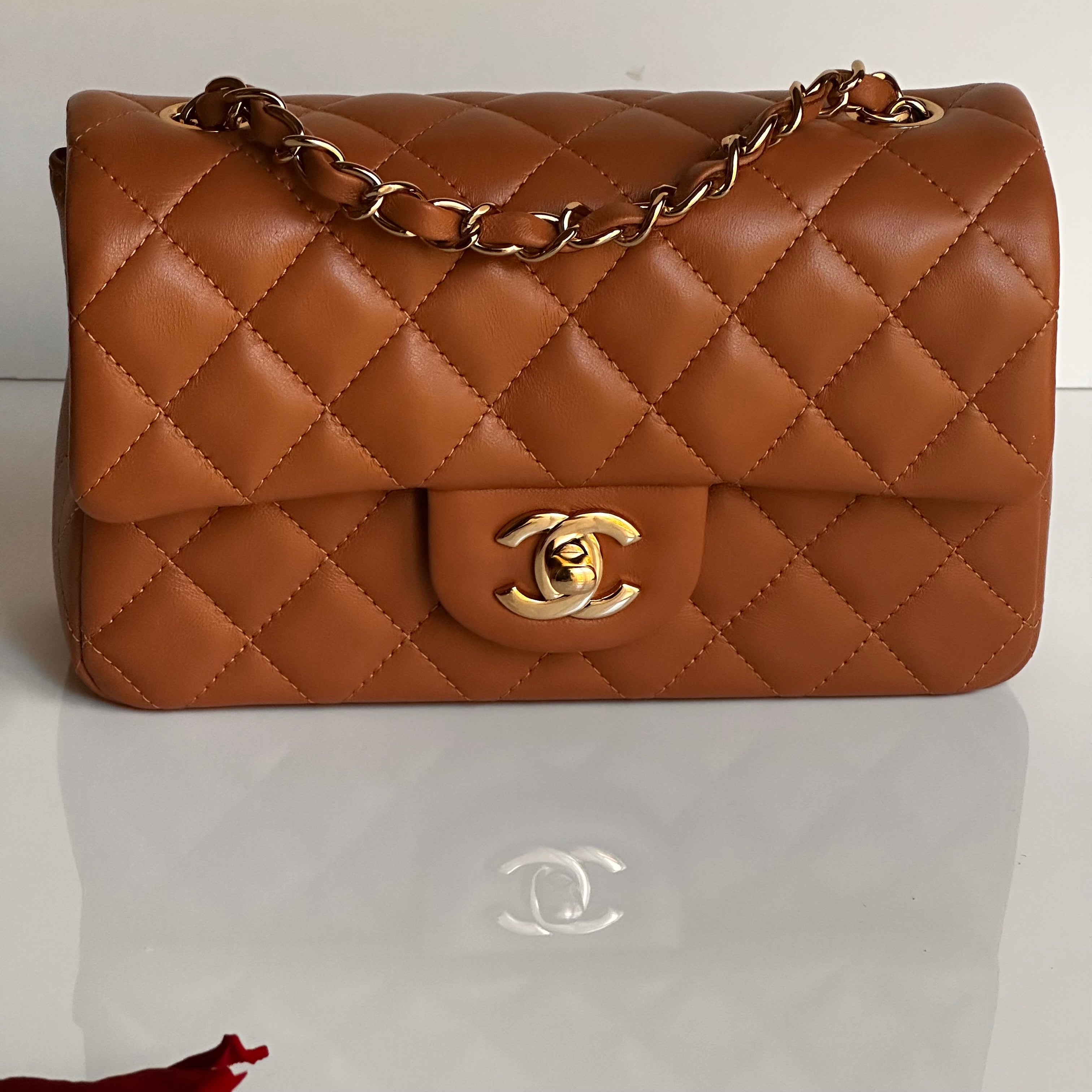 21P Chanel Mini Rectangular Classic Flap Caramel Brown Lambskin LGHW