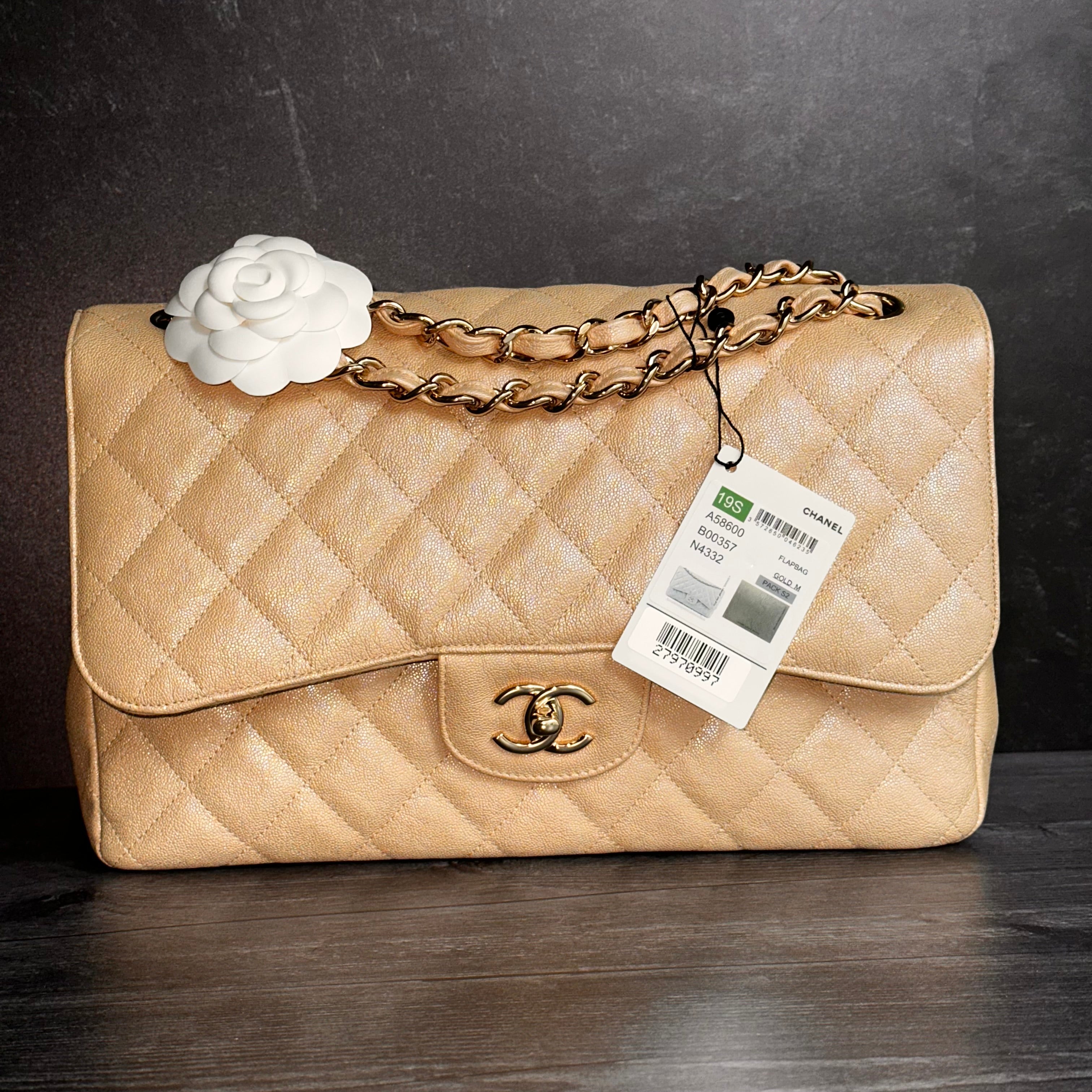19S Chanel Timeless Classic Jumbo Iridescent Beige Caviar LGHW
