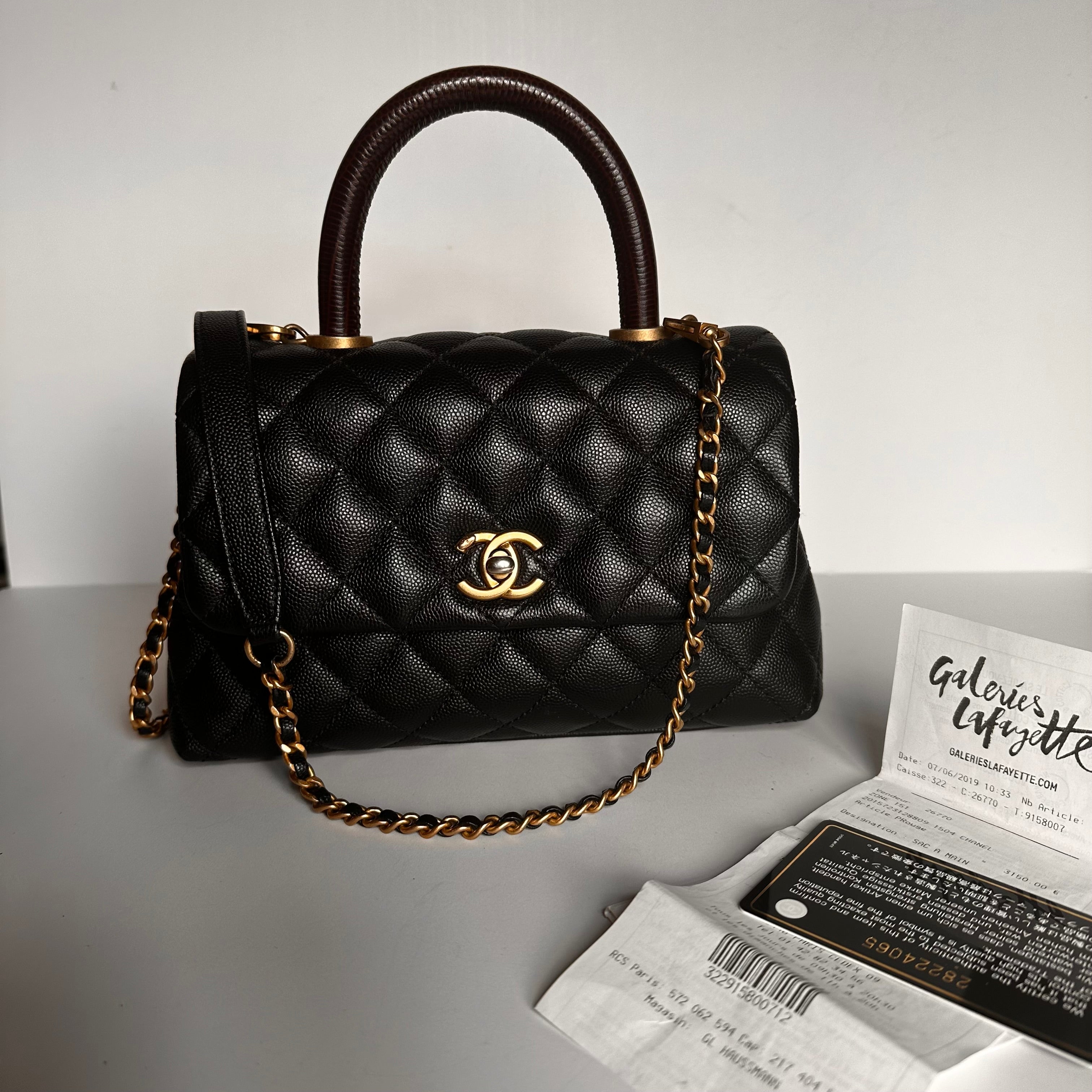 2019 Chanel Small Coco Handle Flap Black Caviar & Dark Burgundy Lizard Embossed Calfskin GHW