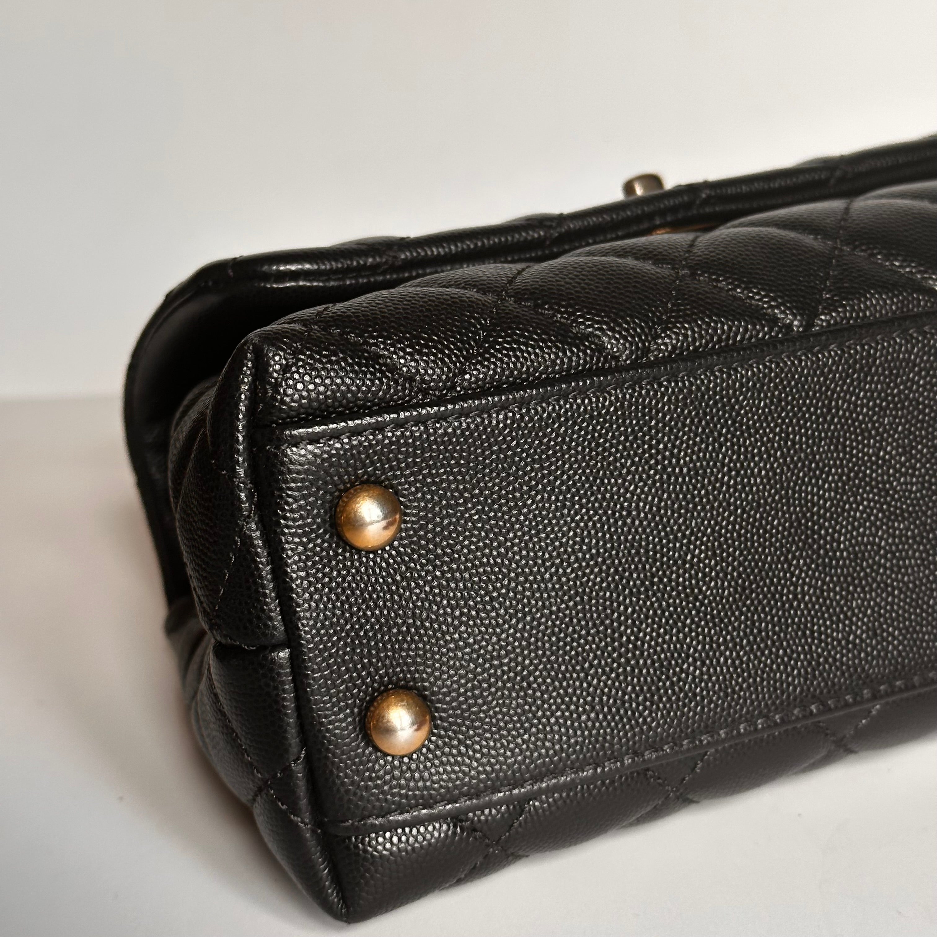 2019 Chanel Small Coco Handle Flap Black Caviar & Dark Burgundy Lizard Embossed Calfskin GHW