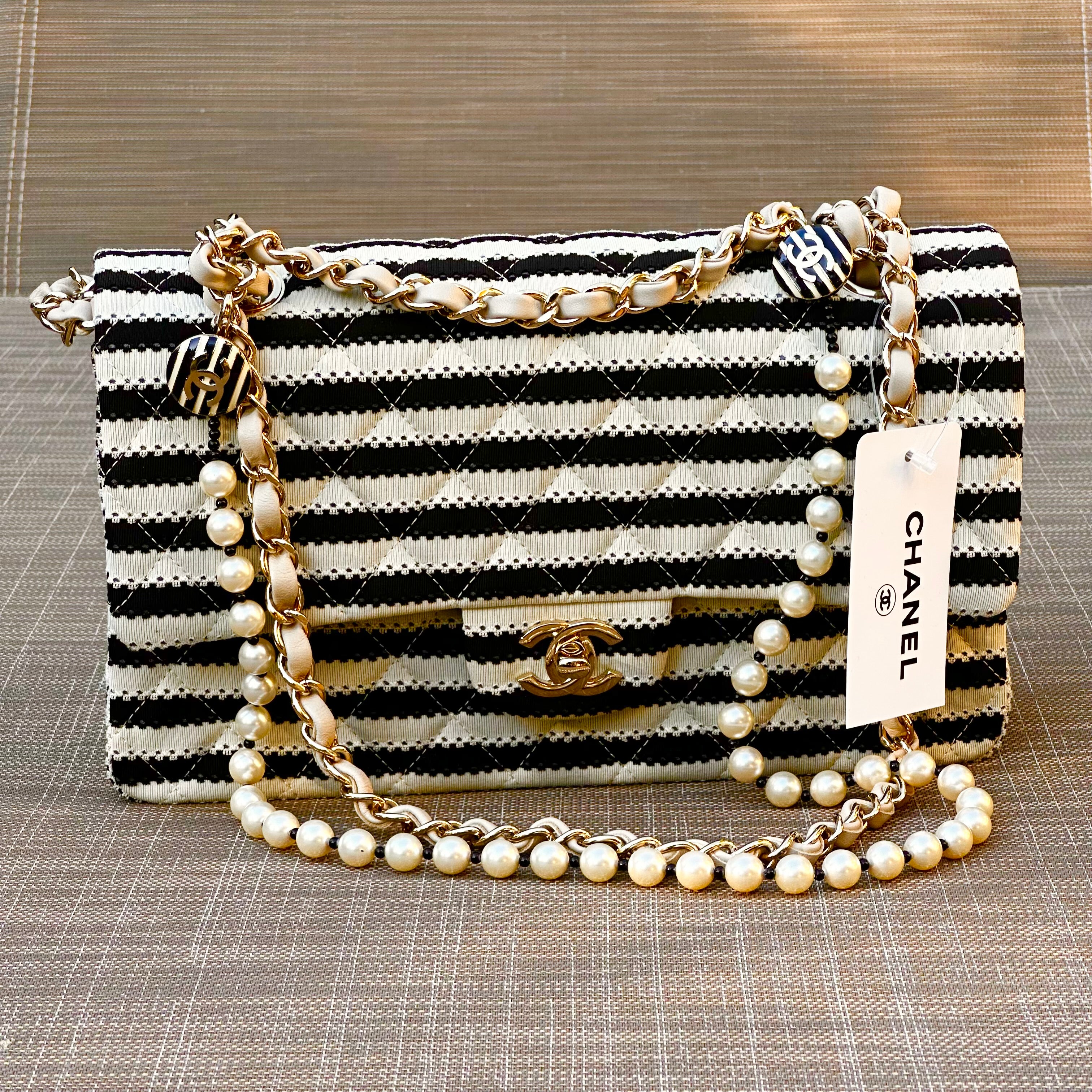 2014 Chanel Medium Flap Beige & Black Jersey LGHW