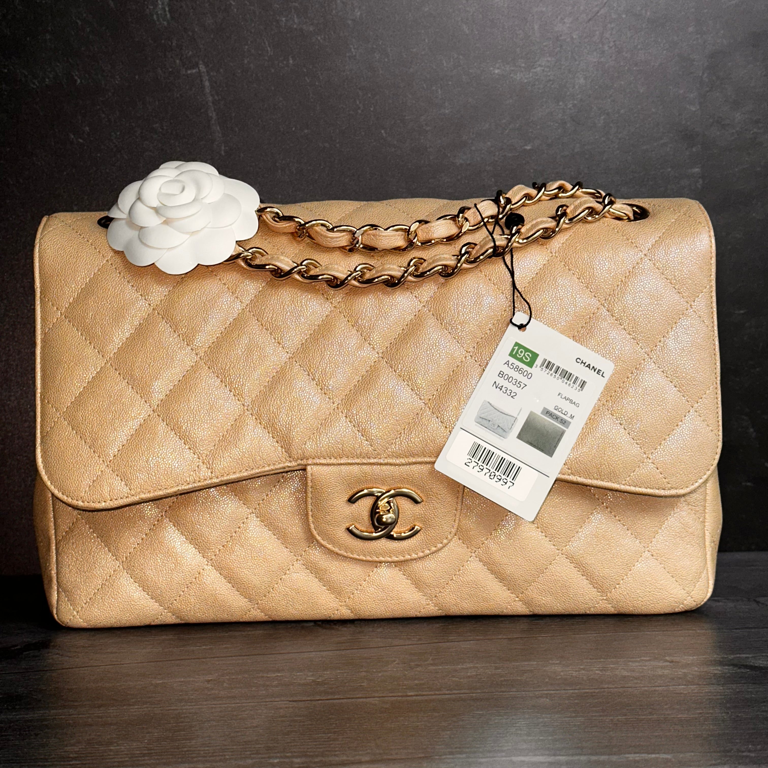 19S Chanel Timeless Classic Jumbo Iridescent Beige Caviar LGHW