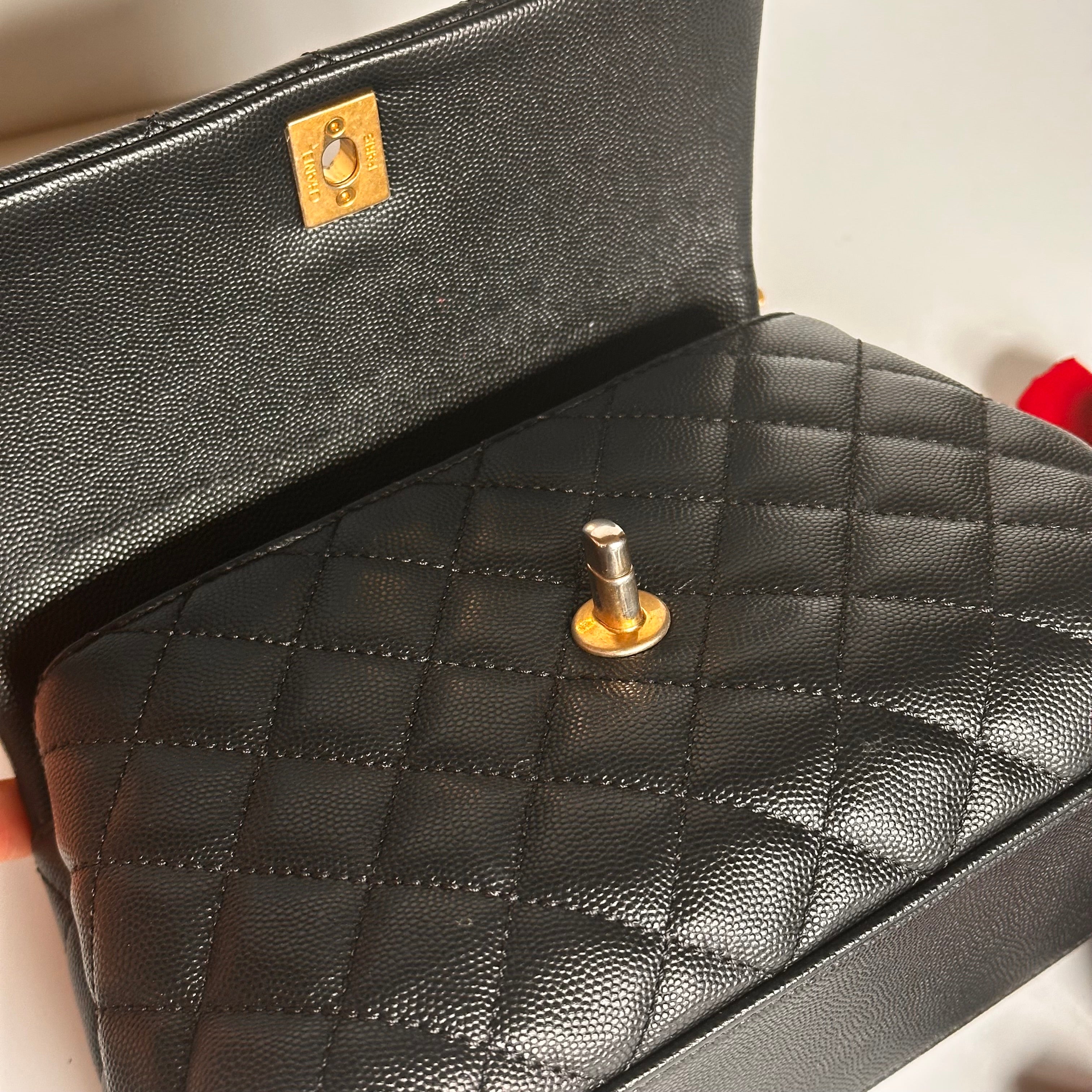 2019 Chanel Small Coco Handle Flap Black Caviar & Dark Burgundy Lizard Embossed Calfskin GHW