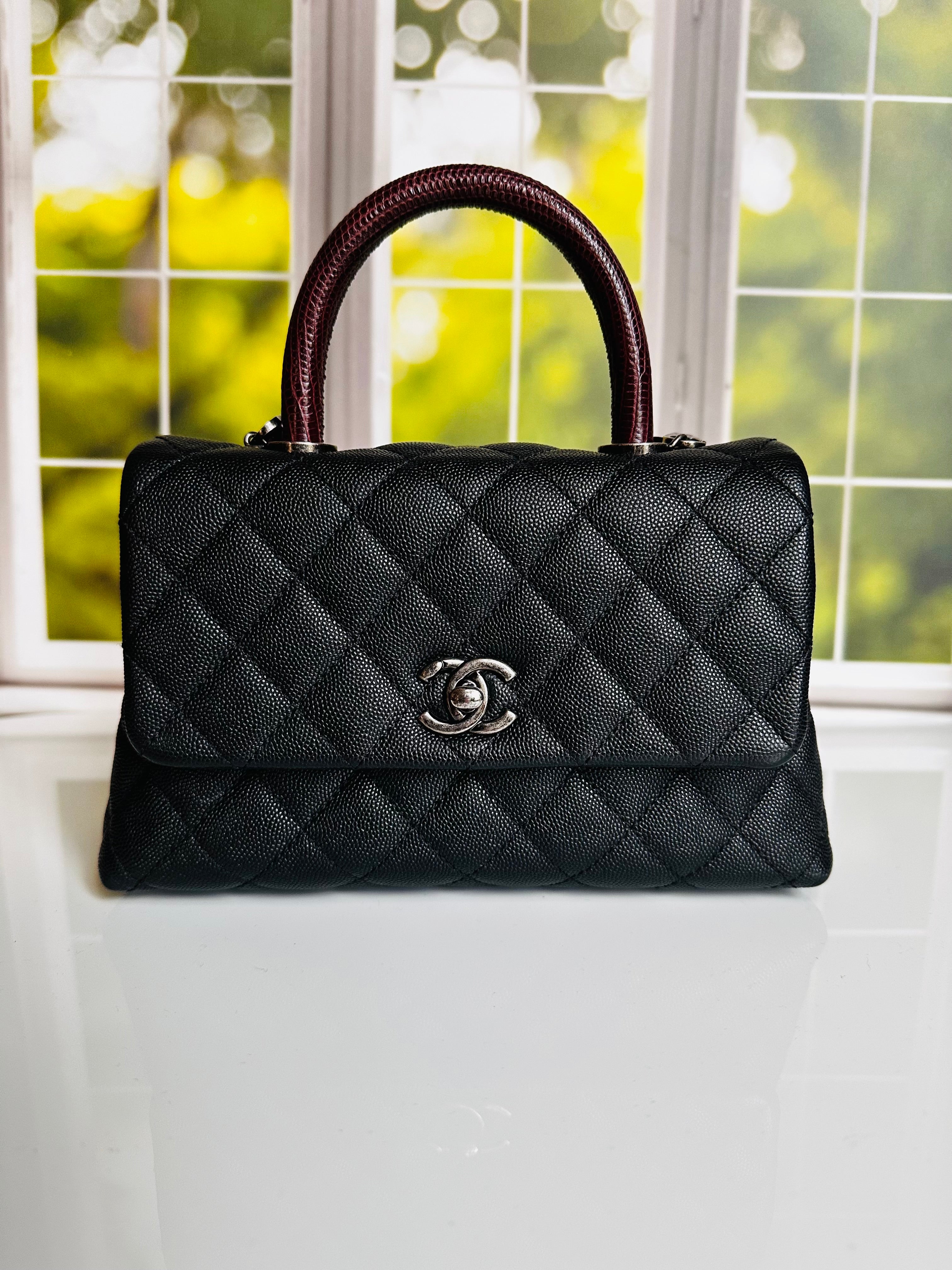 16B Chanel Small Coco Handle Black Caviar & Ruthenium Hardware w/Lizard Accent