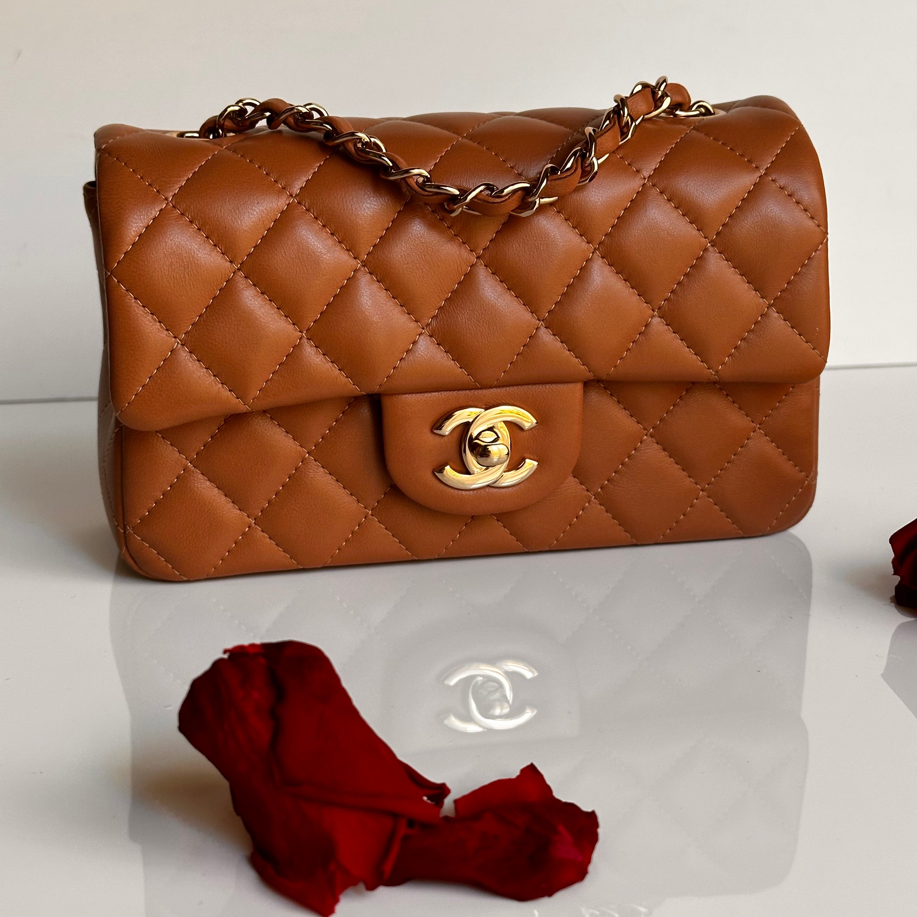 21P Chanel Mini Rectangular Classic Flap Caramel Brown Lambskin LGHW