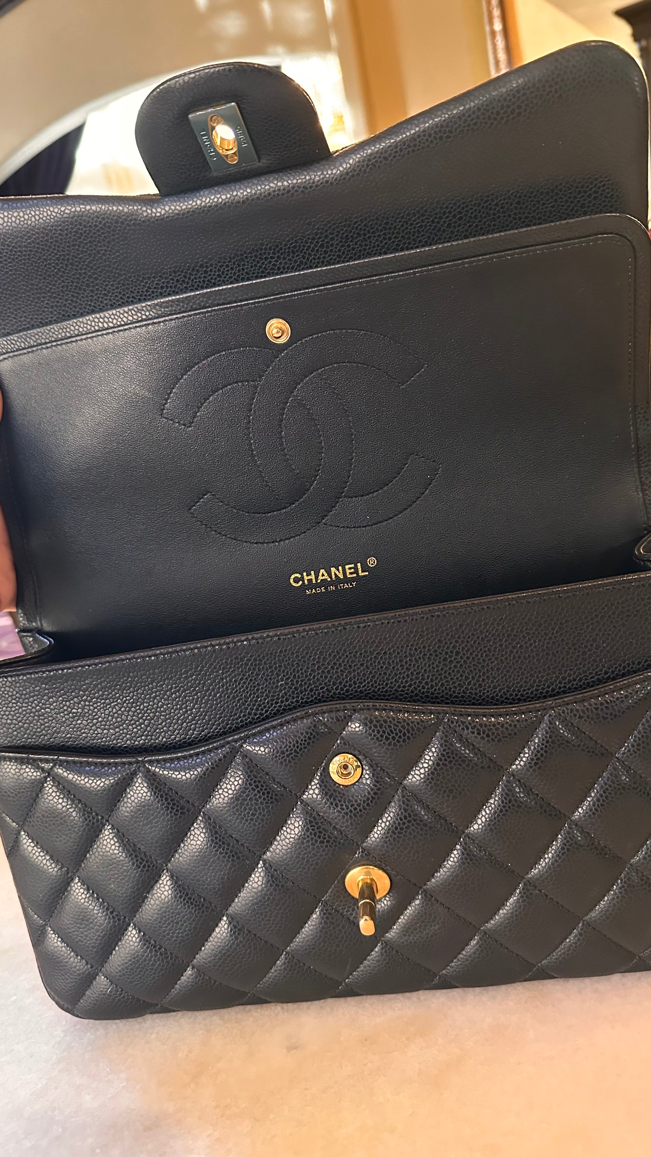 2016 Chanel Jumbo Iridescent Black Caviar Aged GHW