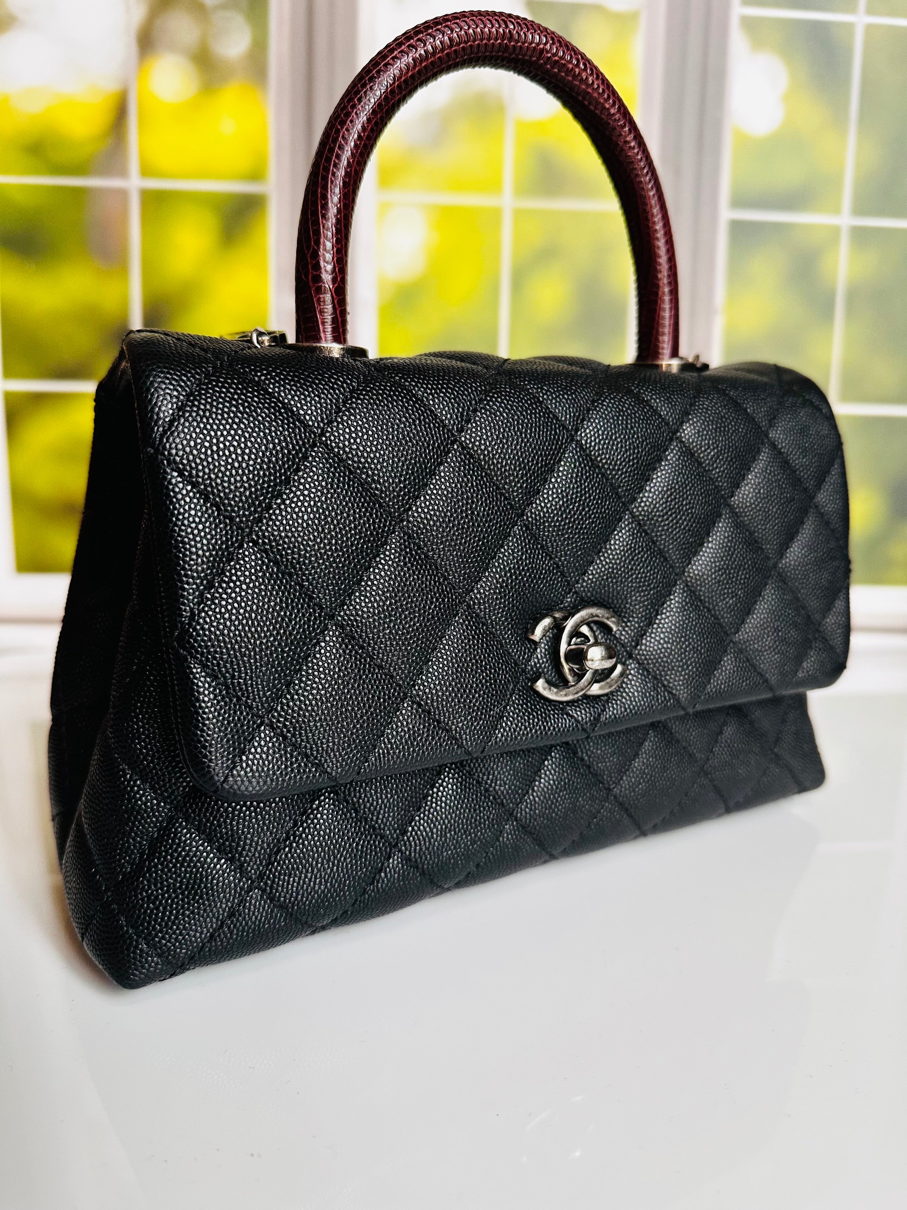 16B Chanel Small Coco Handle Black Caviar & Ruthenium Hardware w/Lizard Accent