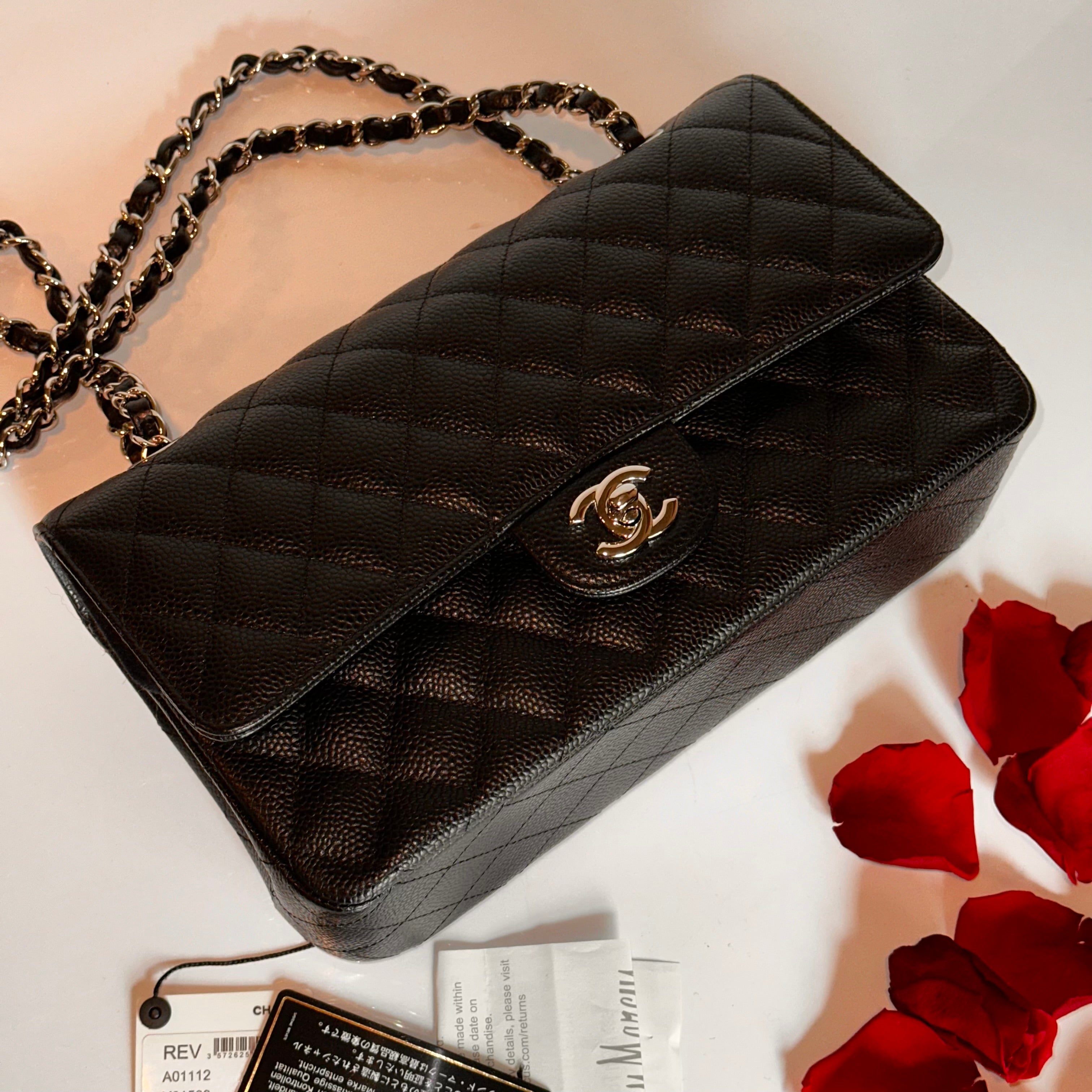 CHANEL Medium M/L Timeless Classic Quilted Double Flap Black Caviar/ 100% Naturally Grained Bordeaux LINING/ SHW