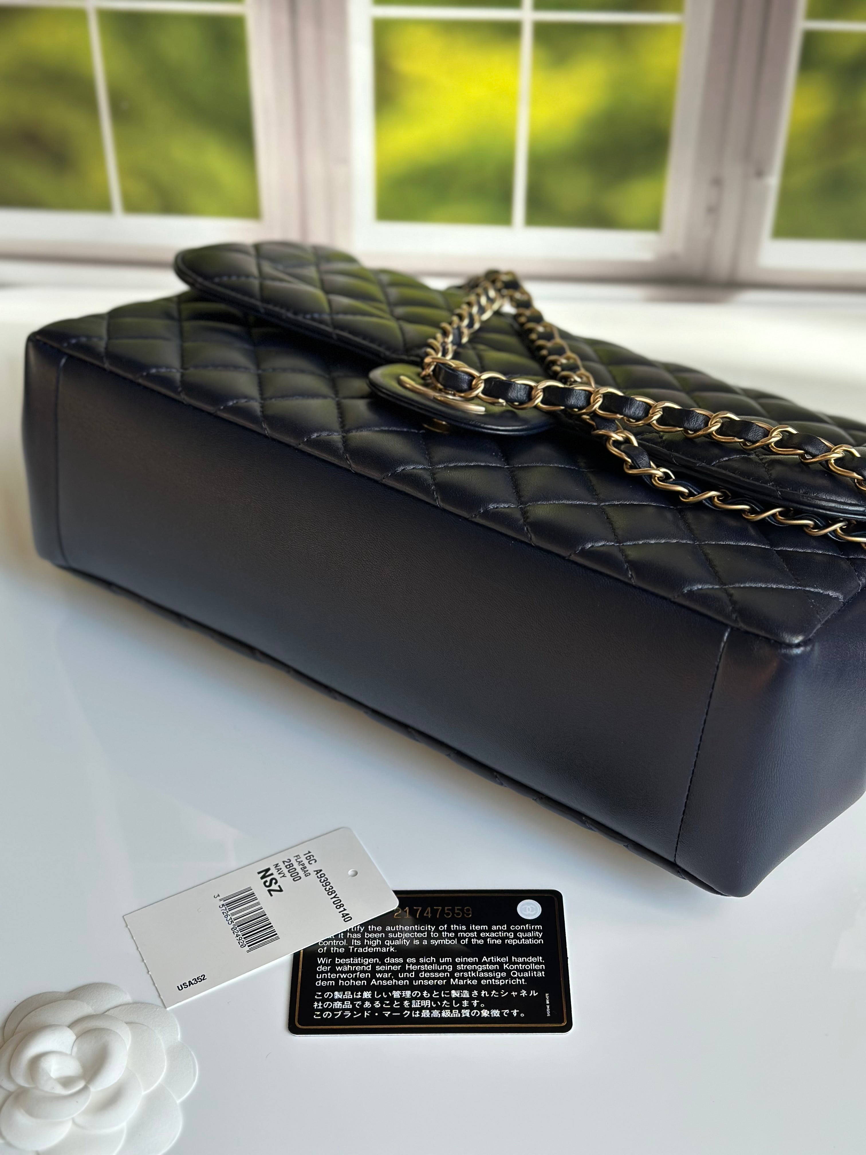 2016 Chanel Mademoiselle Chic Flap Navy Blue Lambskin and Satin Aged Gold Hardware