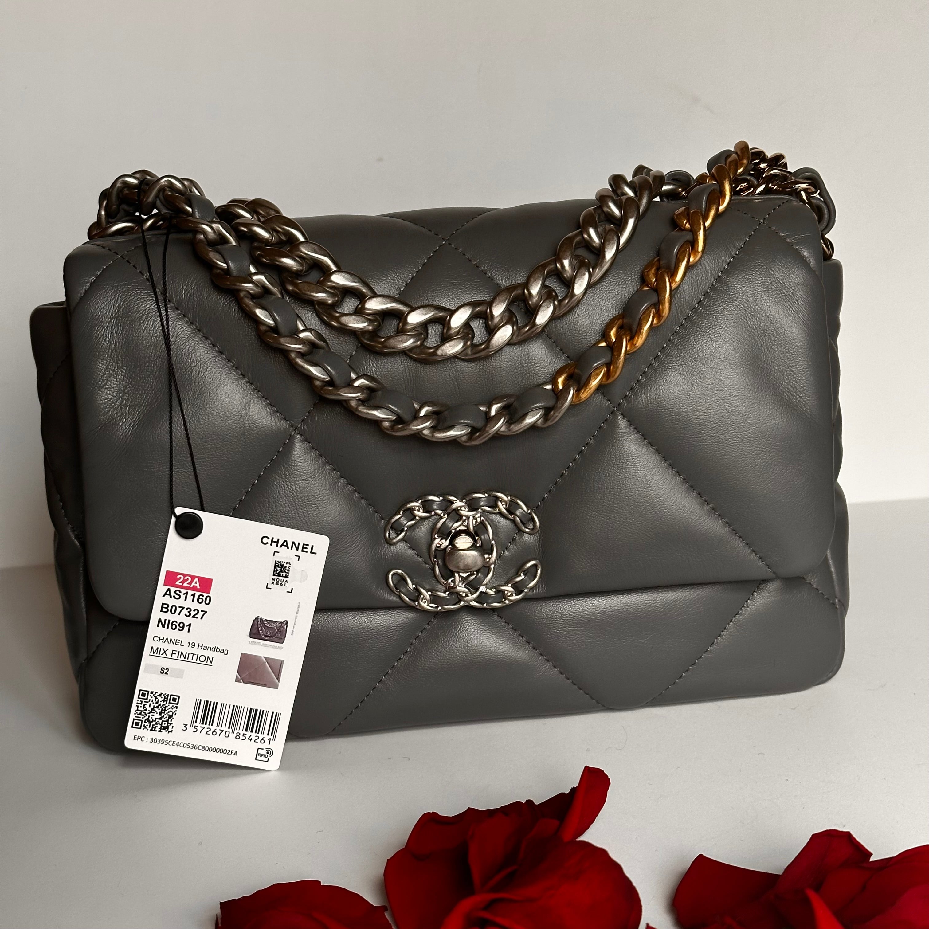 22A Chanel 19 Medium Flap Dark Grey Lambskin & Trio-Mix Hardware Finish