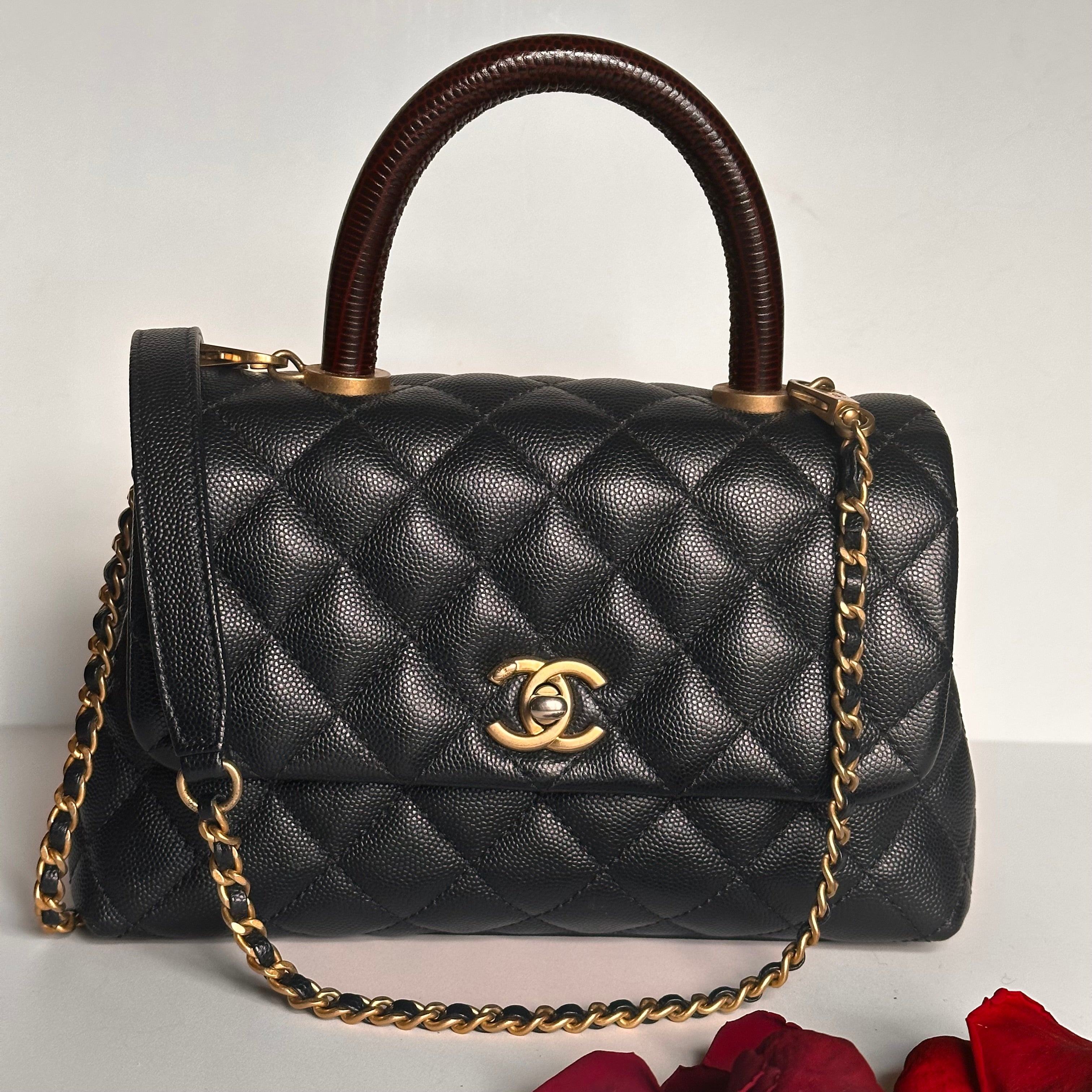 2019 Chanel Small Coco Handle Flap Black Caviar & Dark Burgundy Lizard Embossed Calfskin GHW