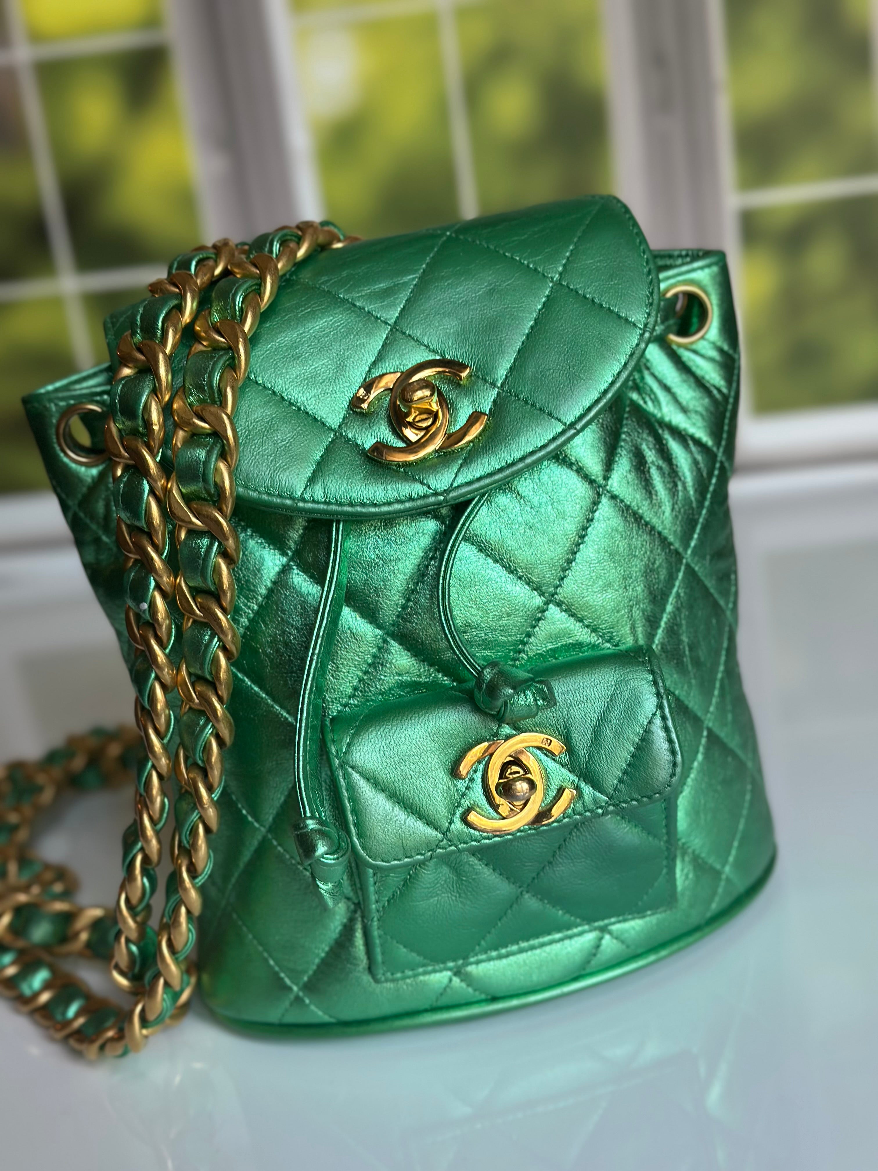 1994 Chanel Mini Duma Backpack Metallic Green Lambskin & 24K Gold Plated Hardware