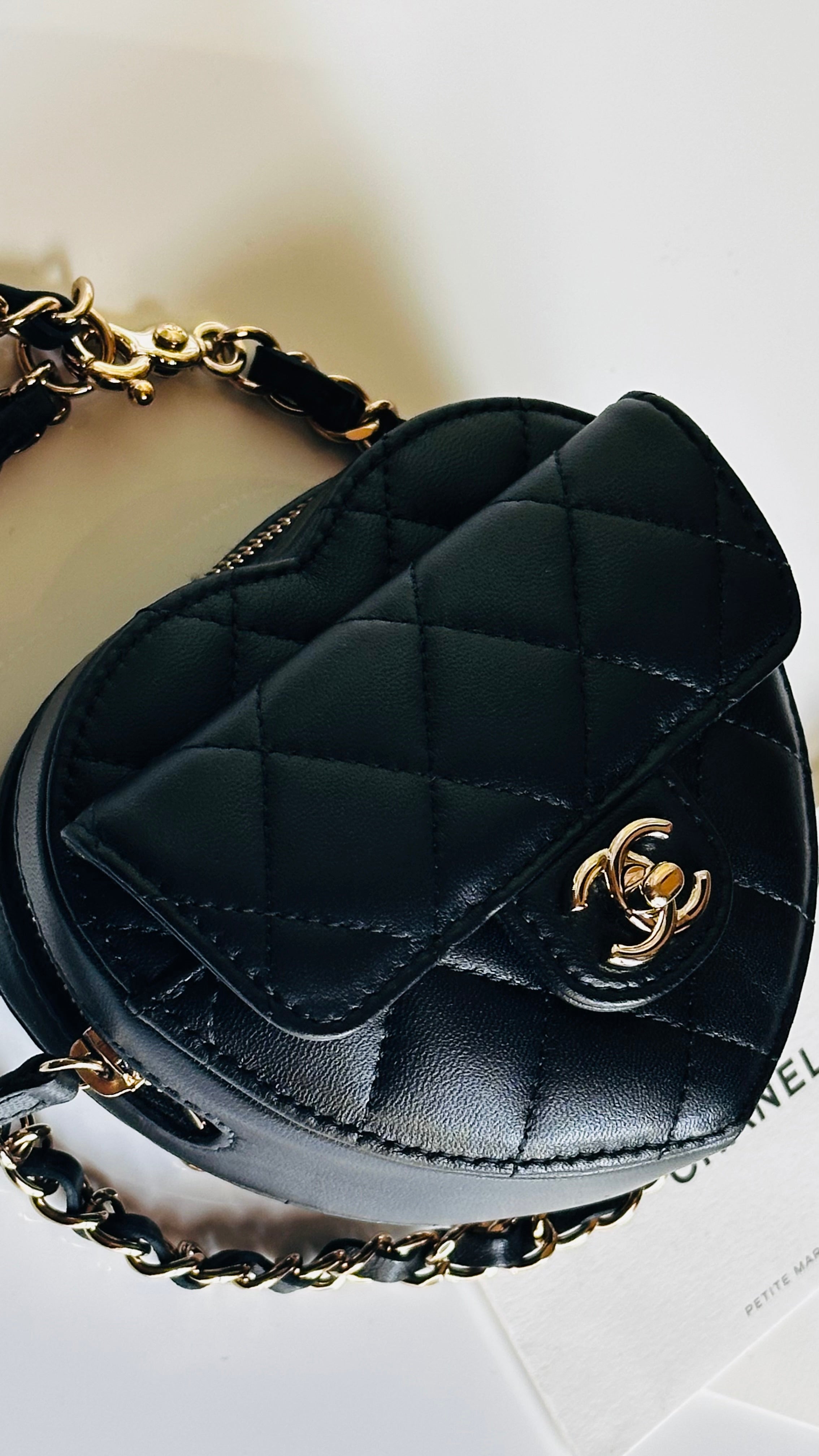 2022 Chanel CC in Love Heart Waist Bag Black Lambskin & Light Gold Hardware