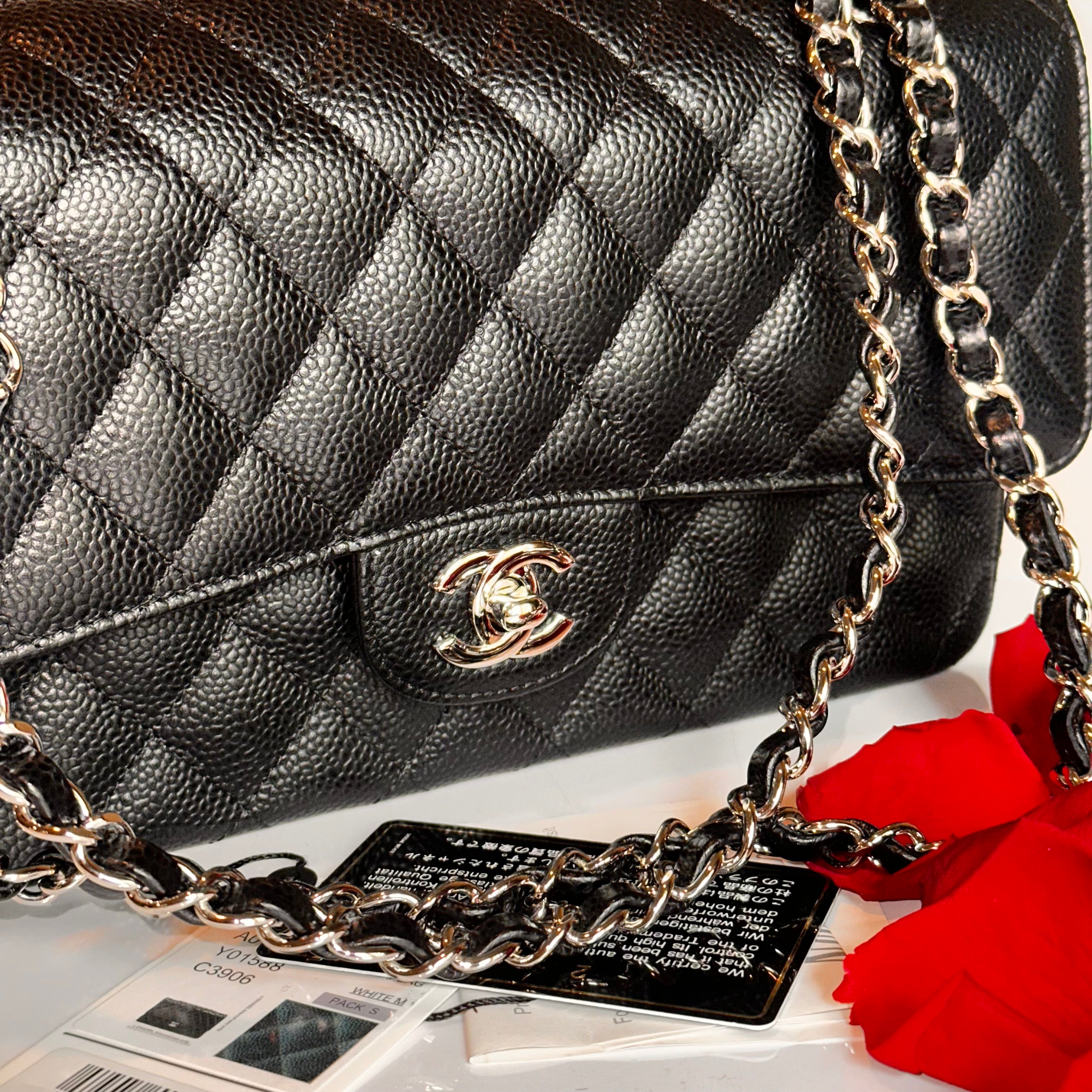 CHANEL Medium M/L Timeless Classic Quilted Double Flap Black Caviar/ 100% Naturally Grained Bordeaux LINING/ SHW