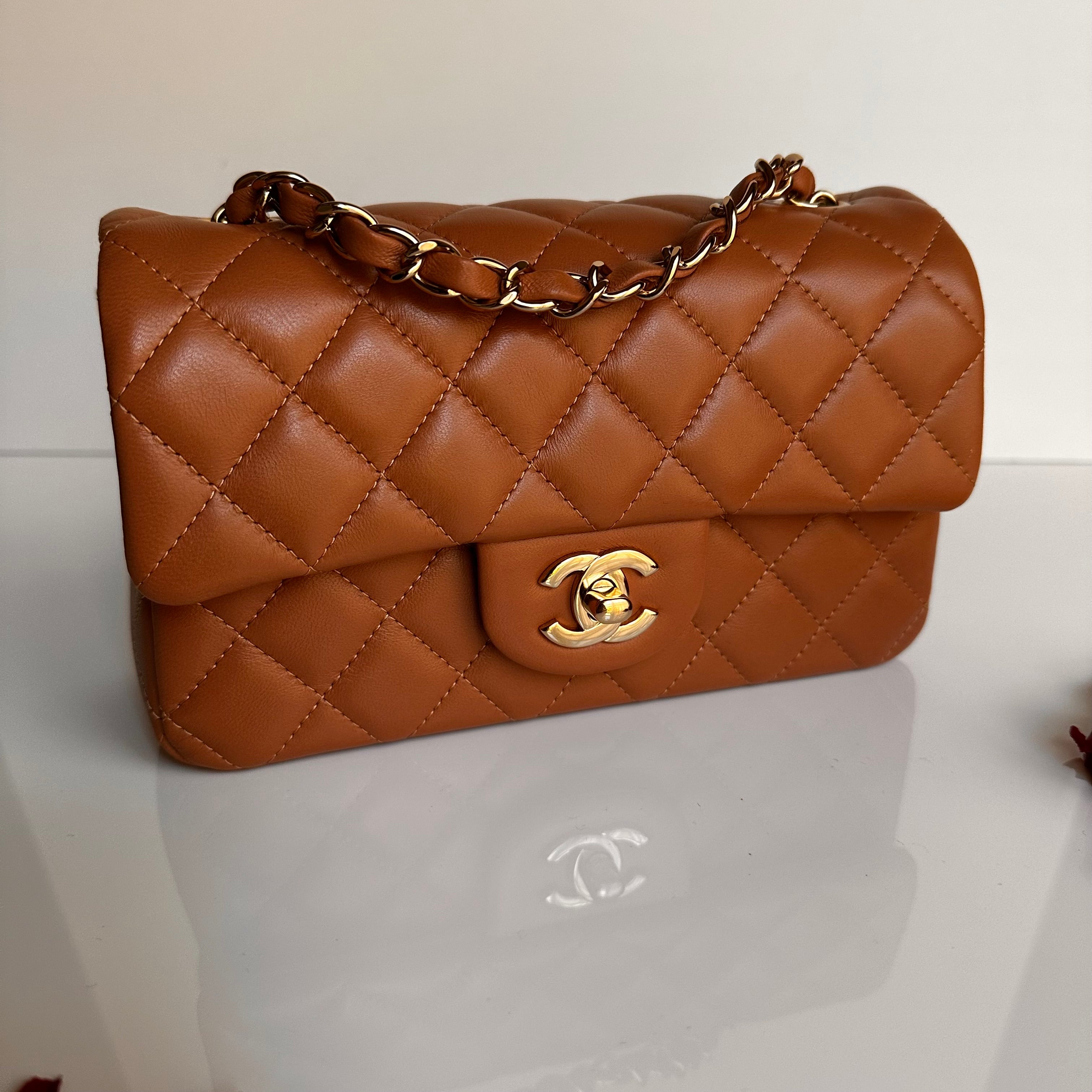 21P Chanel Mini Rectangular Classic Flap Caramel Brown Lambskin LGHW