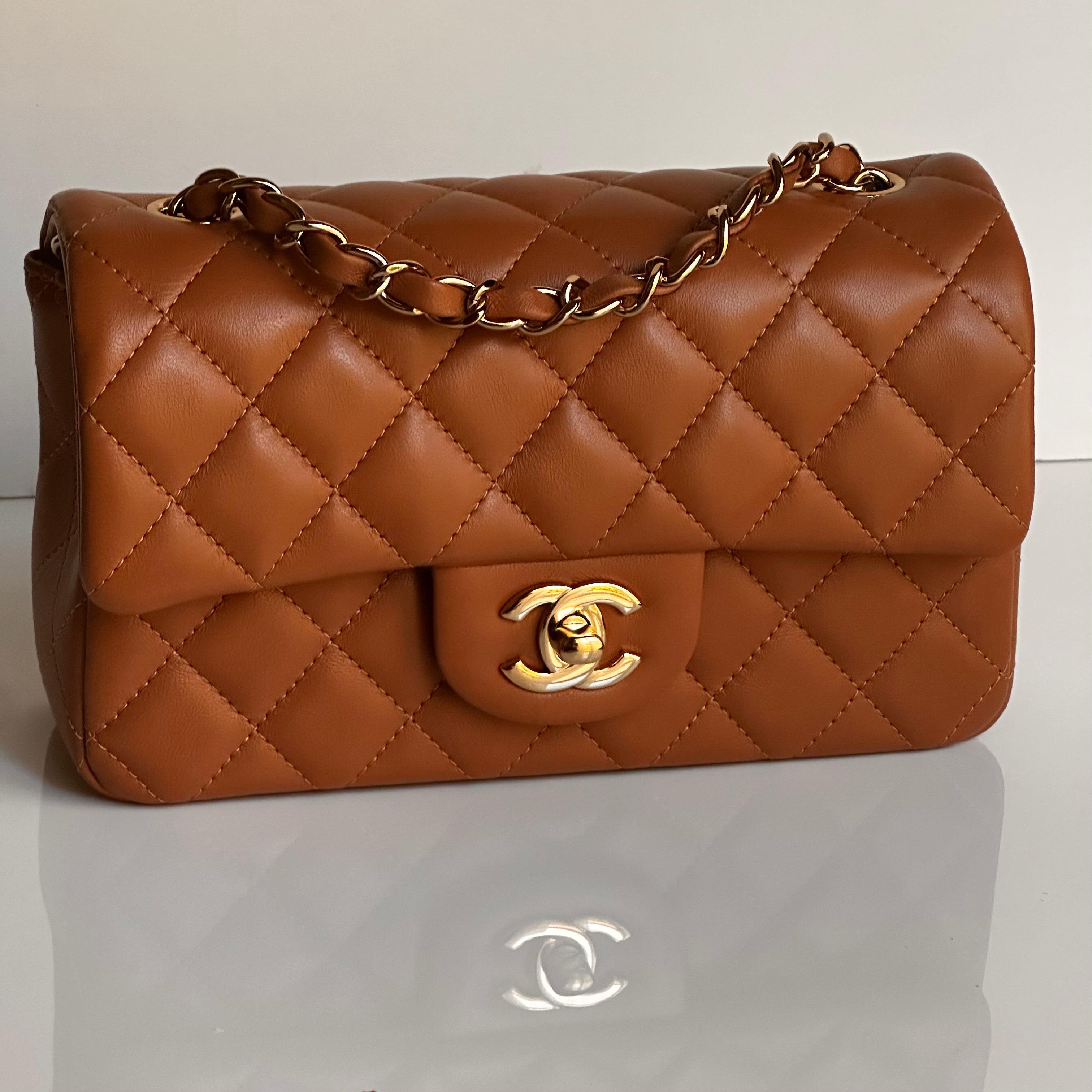 21P Chanel Mini Rectangular Classic Flap Caramel Brown Lambskin LGHW