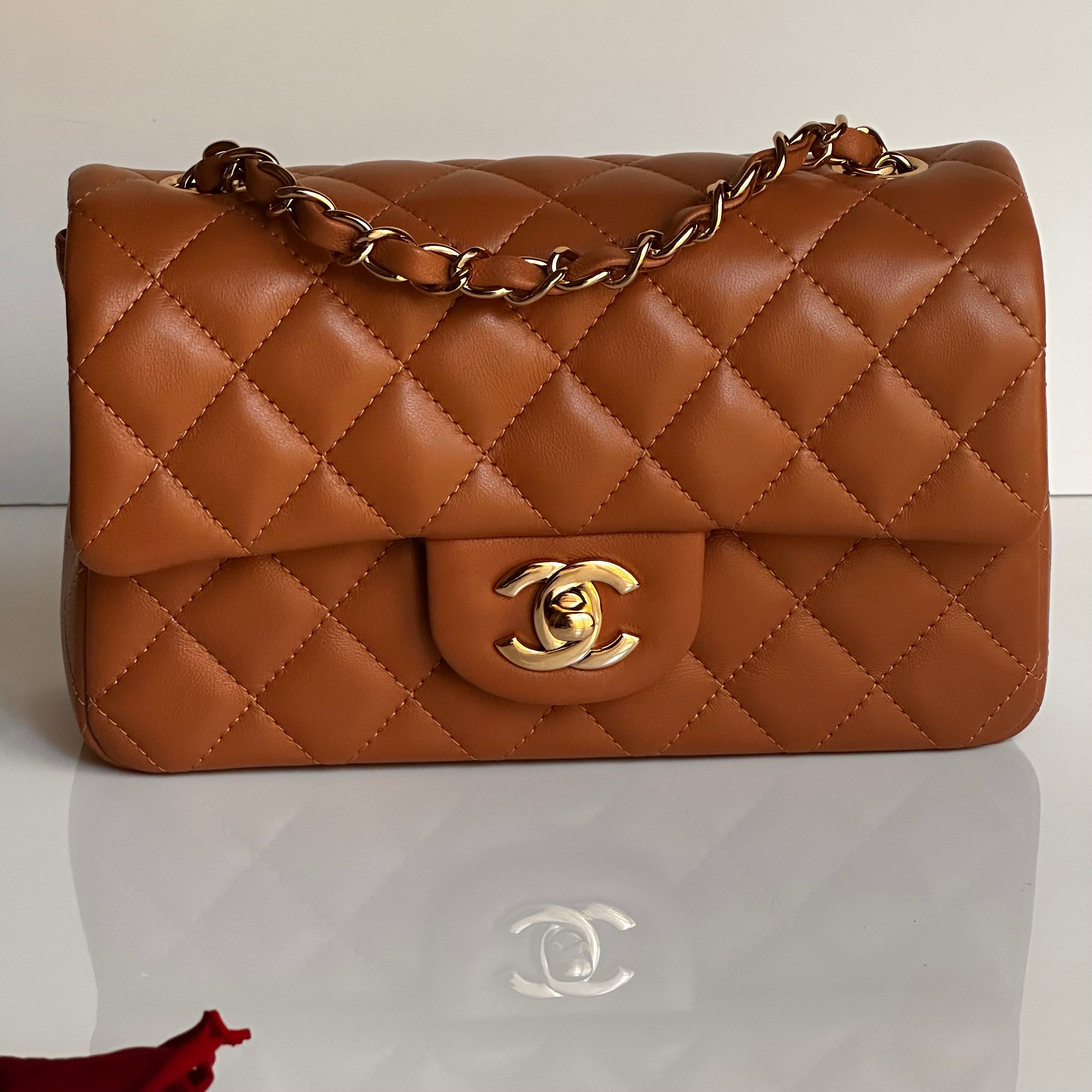 21P Chanel Mini Rectangular Classic Flap Caramel Brown Lambskin LGHW
