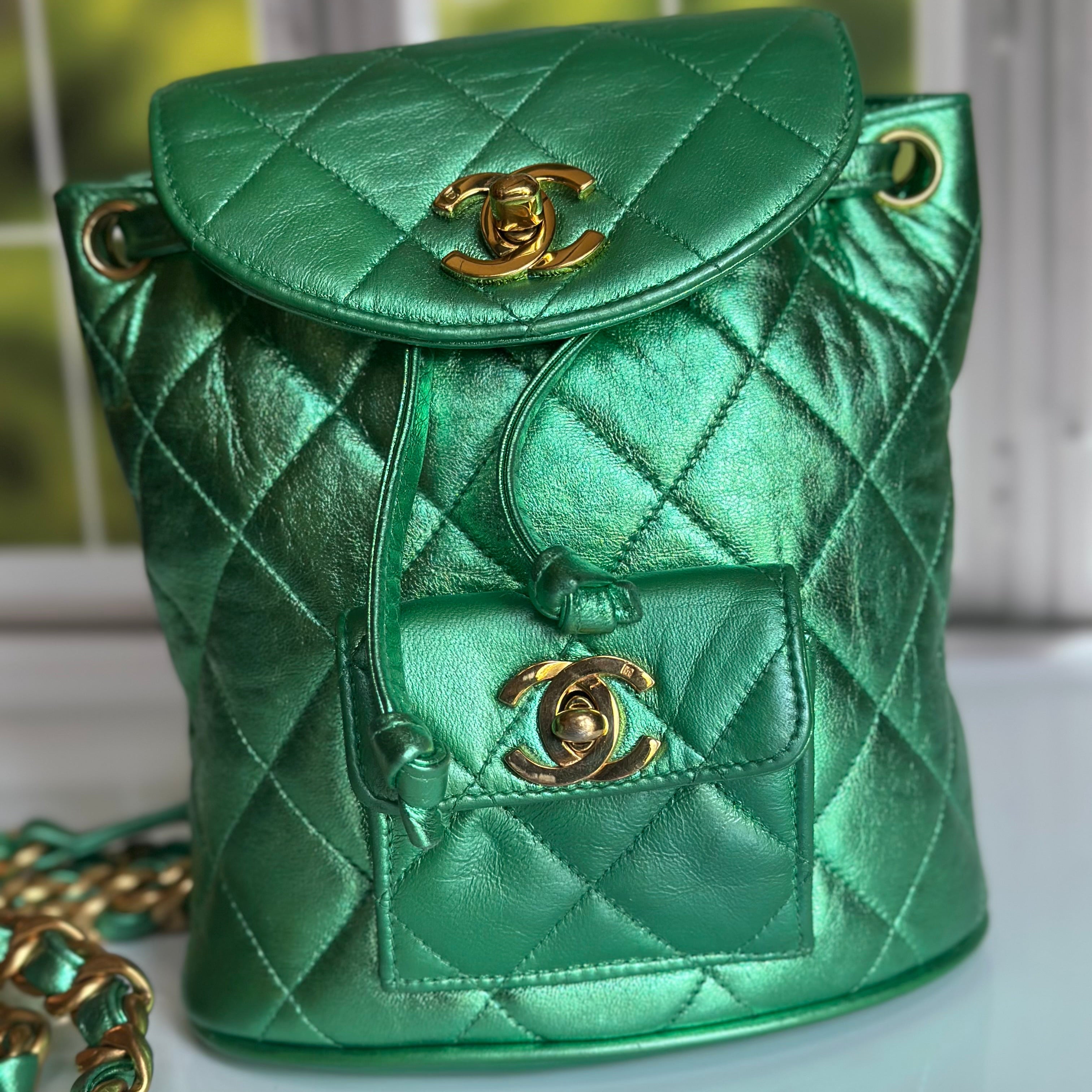 1994 Chanel Mini Duma Backpack Metallic Green Lambskin & 24K Gold Plated Hardware