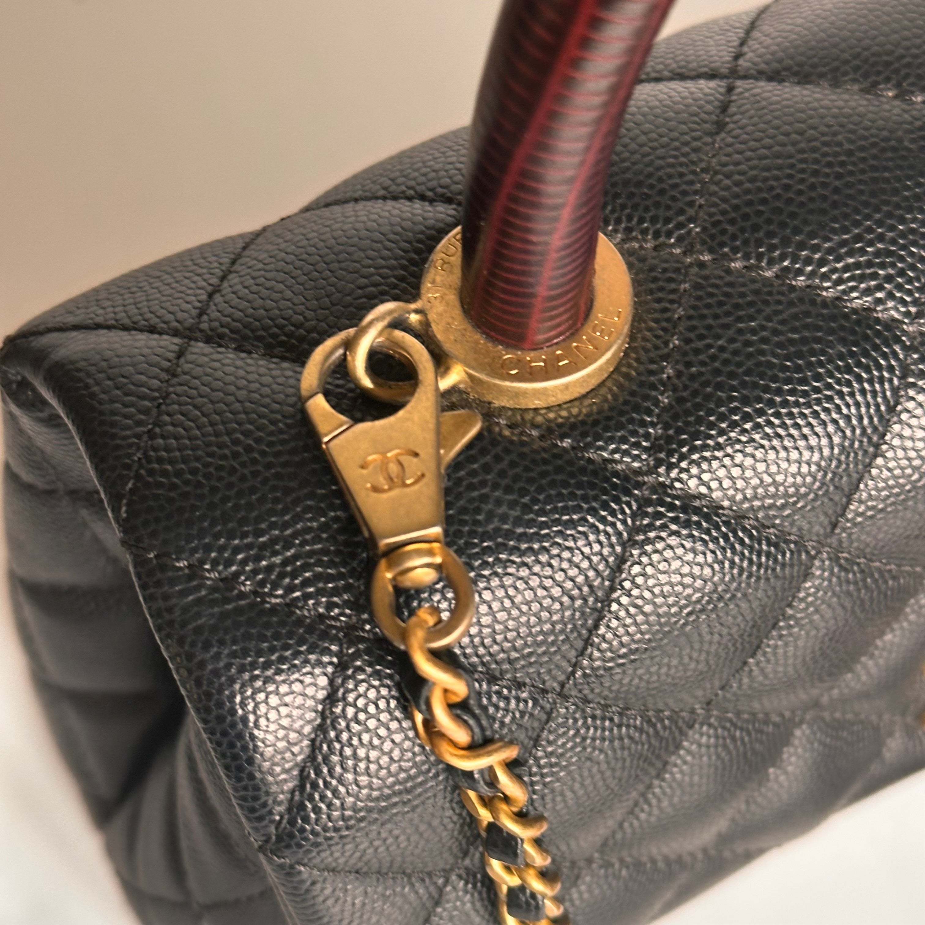 2019 Chanel Small Coco Handle Flap Black Caviar & Dark Burgundy Lizard Embossed Calfskin GHW