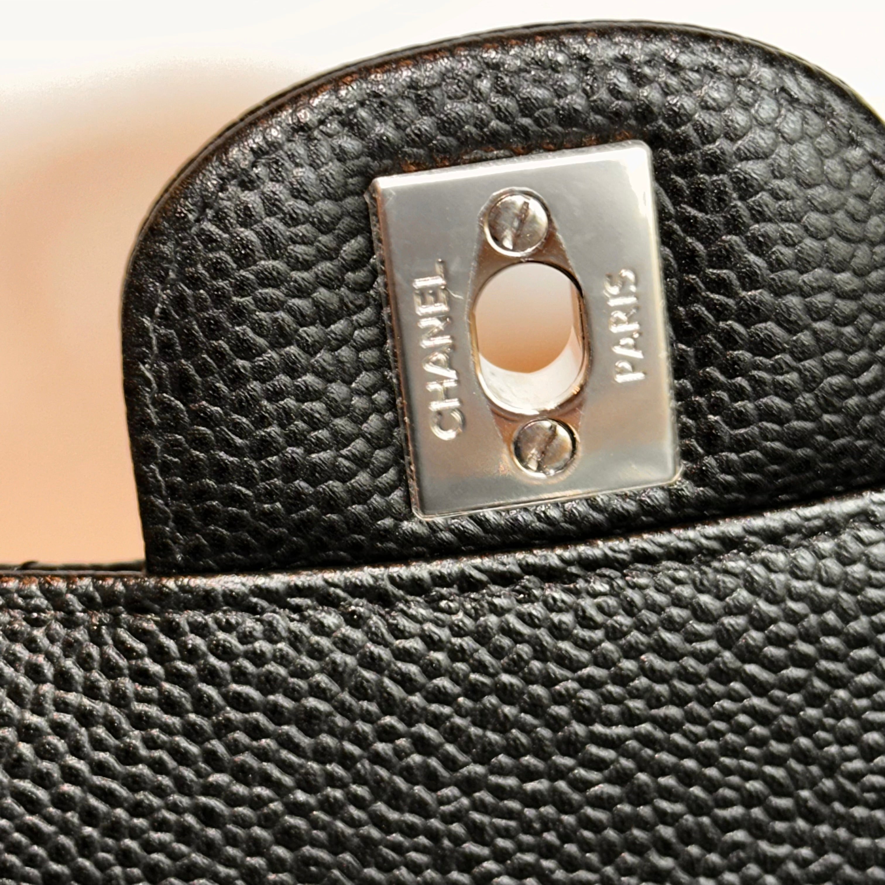 CHANEL Medium M/L Timeless Classic Quilted Double Flap Black Caviar/ 100% Naturally Grained Bordeaux LINING/ SHW