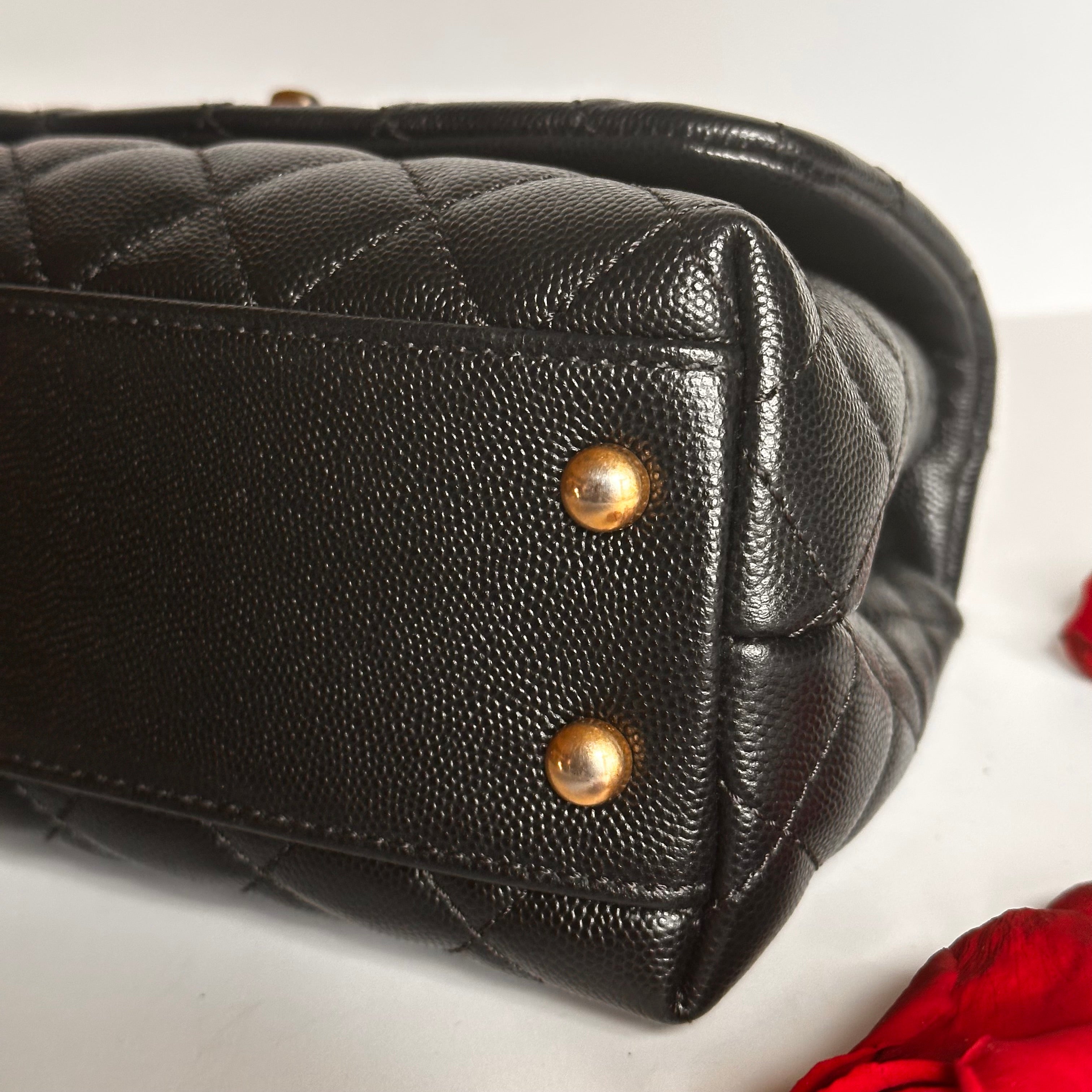 2019 Chanel Small Coco Handle Flap Black Caviar & Dark Burgundy Lizard Embossed Calfskin GHW
