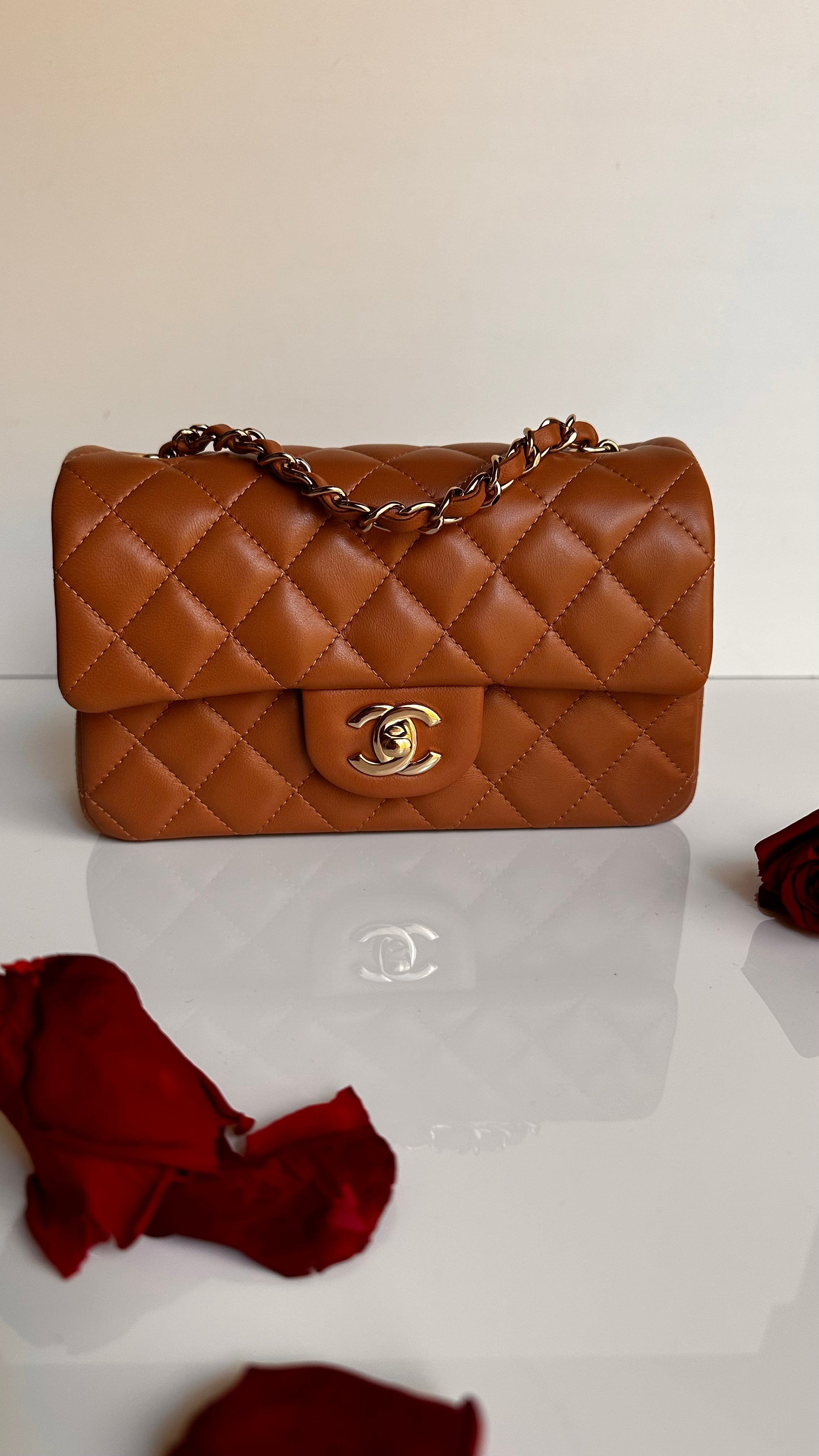 21P Chanel Mini Rectangular Classic Flap Caramel Brown Lambskin LGHW